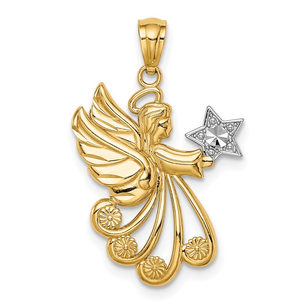 14k Yellow Gold Rhodium Diamond-Cut Angel with a Star Pendant for Women