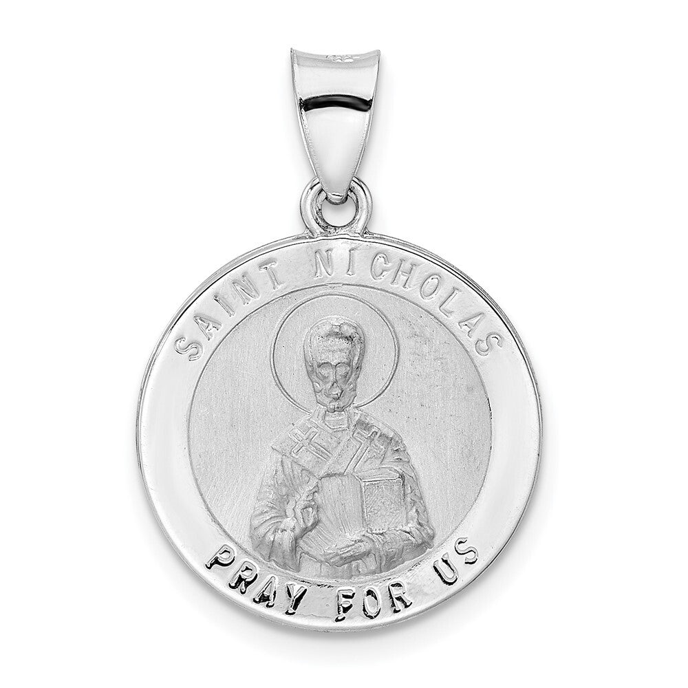 14k White Gold Polished and Satin Hollow St Nicholas Medal Pendant for Women