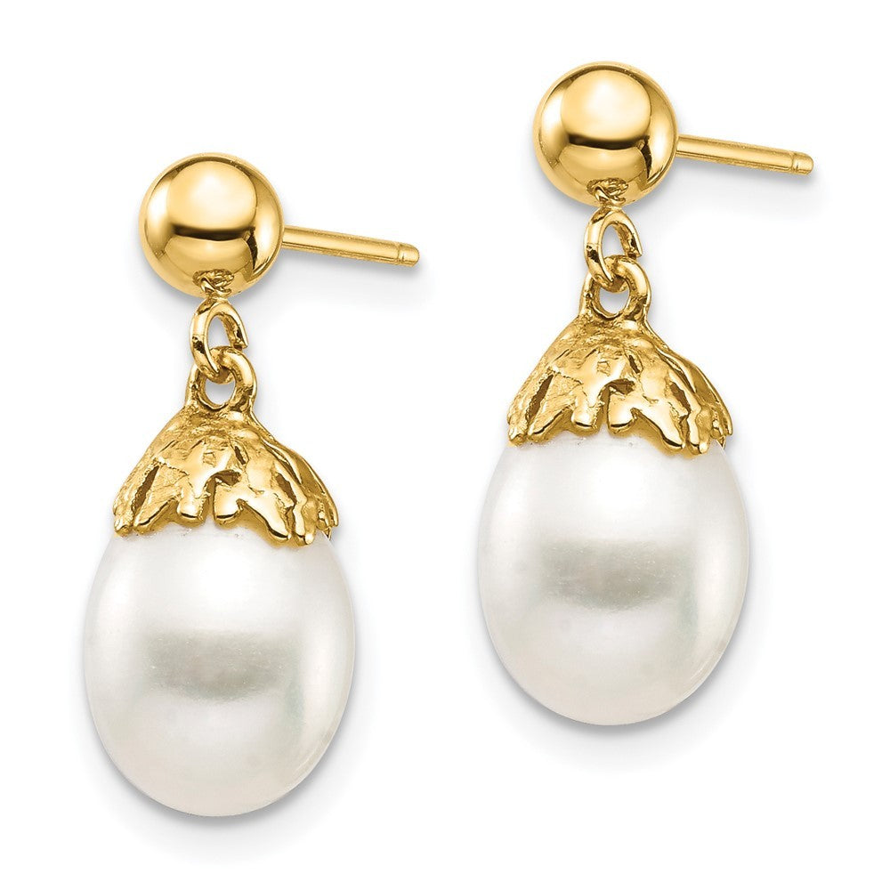 14k Yellow Gold 7-8mm White Rice Freshwater Cultured Pearl Dangle Earrings