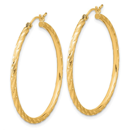 14k Yellow Gold Polished and Satin Diamond-Cut 2mm Hoop Earrings