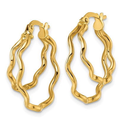 14k Yellow Gold Polished Wavy Double Circle Hoop Earrings Gift for Women