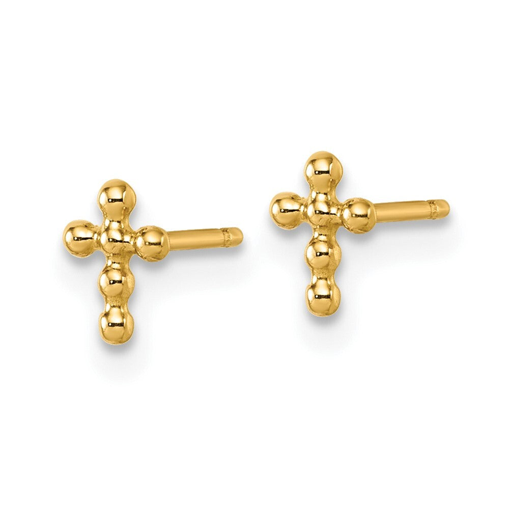 14k Yellow Gold Polished Beaded Cross Stud Earrings Gift for Women