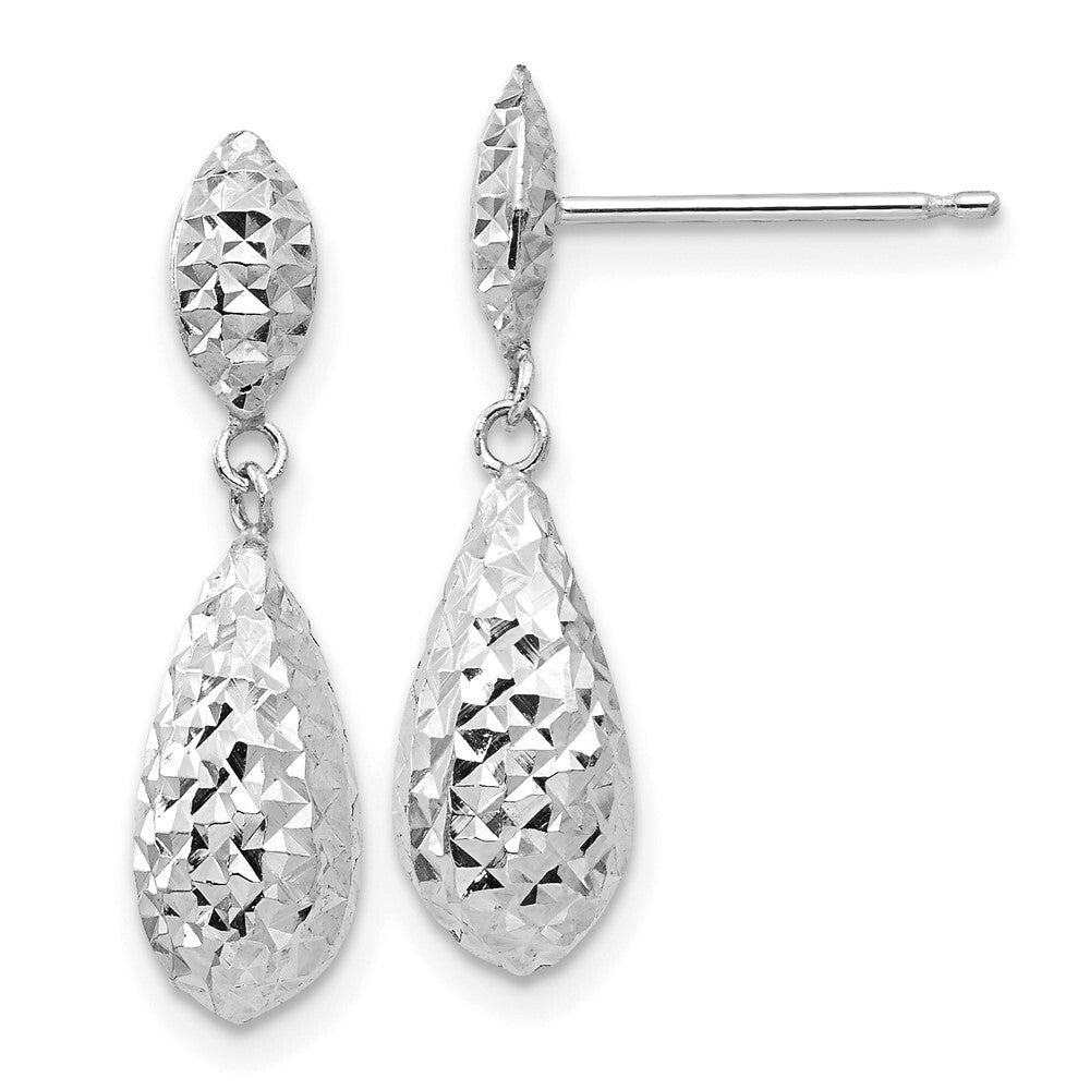 14k White Gold Diamond-cut Puff Teardrop Dangle Earrings Gift for Women