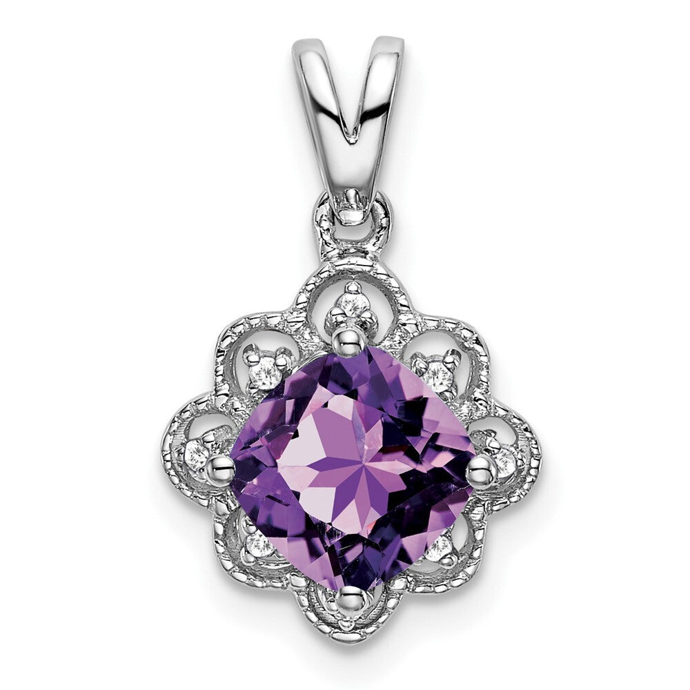 14k White Gold Amethyst and Diamond Scalloped Pendant for Women