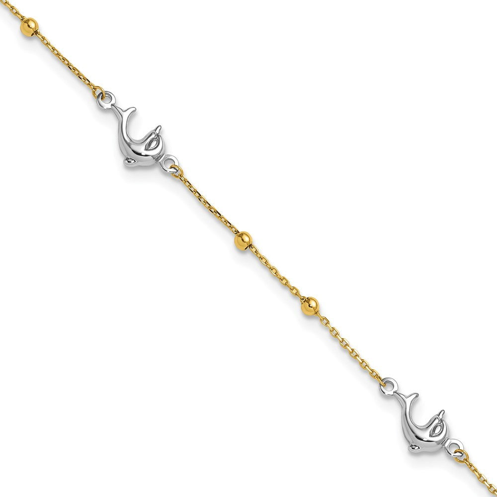 14K Two-tone Beads and Three Dolphins 10" Anklet