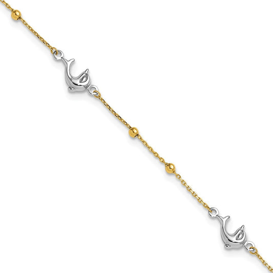 14K Two-tone Beads and Three Dolphins 10" Anklet