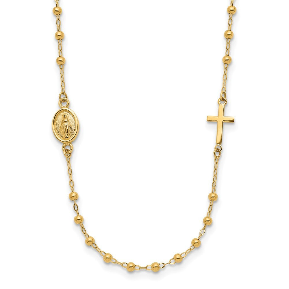 14k Yellow Gold  Miraculous Medal and Cross Beaded Rosary Design 16.5" Necklace