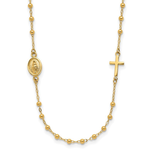 14k Yellow Gold  Miraculous Medal and Cross Beaded Rosary Design 16.5" Necklace