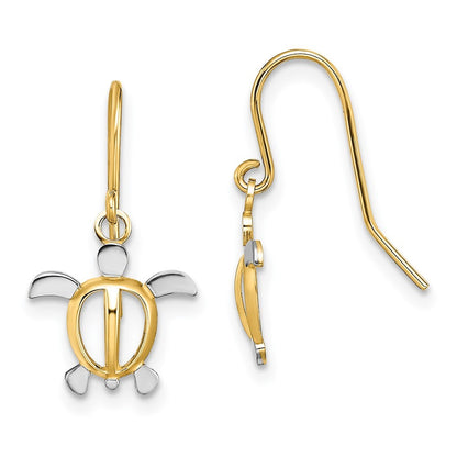14k Yellow Gold W/ Rhodium Sea Turtle Dangle Earrings