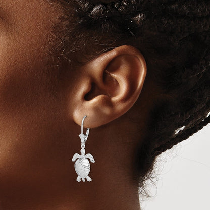 Sterling Silver Rhodium-plated Polished 3D Moveable Turtle Leverback Earrings