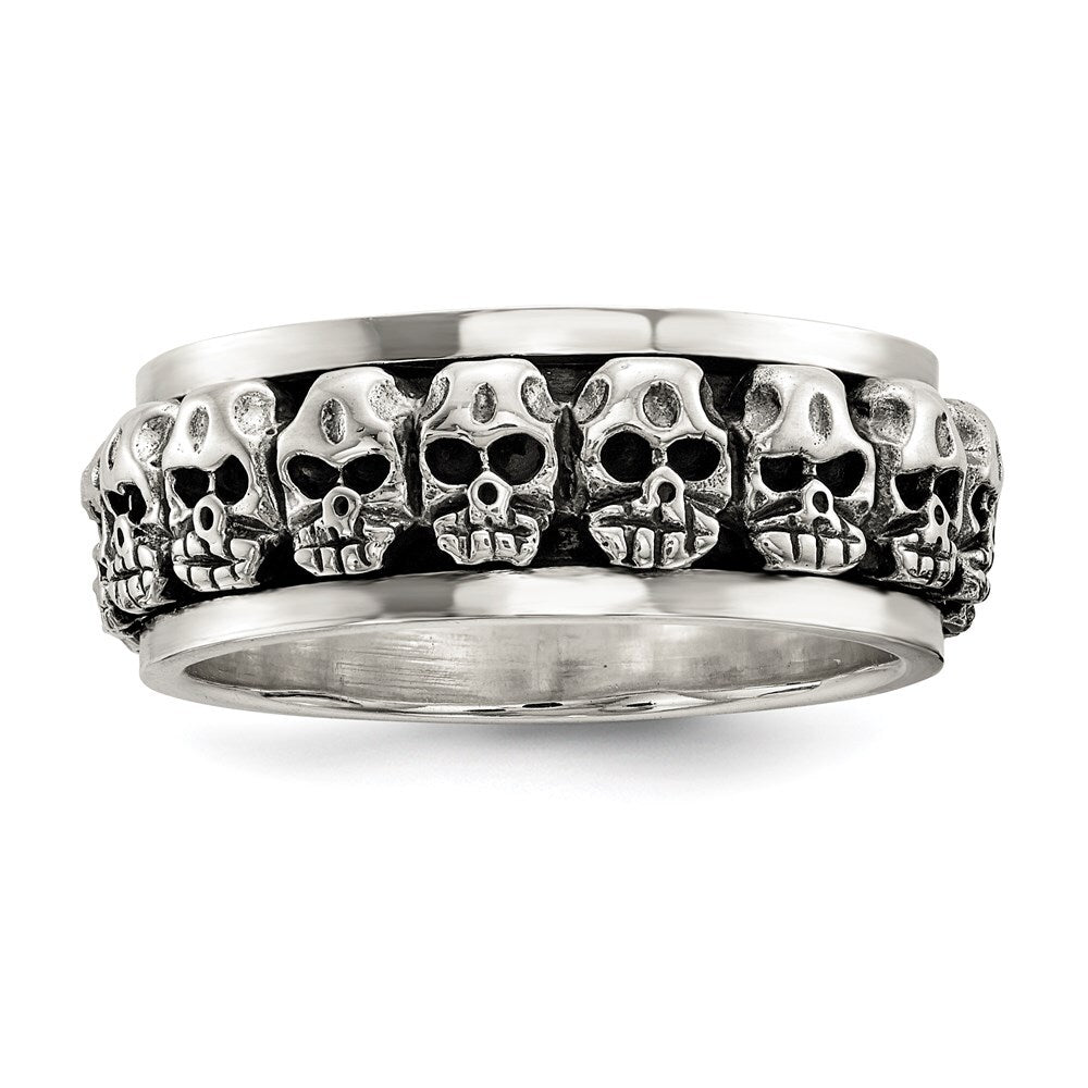 Sterling Silver Polished Spinning Center Antiqued Skull Ring Size 10