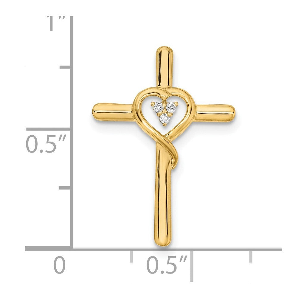 14k Yellow Gold Polished Cross with Heart Diamond Chain Slide Pendant for Women