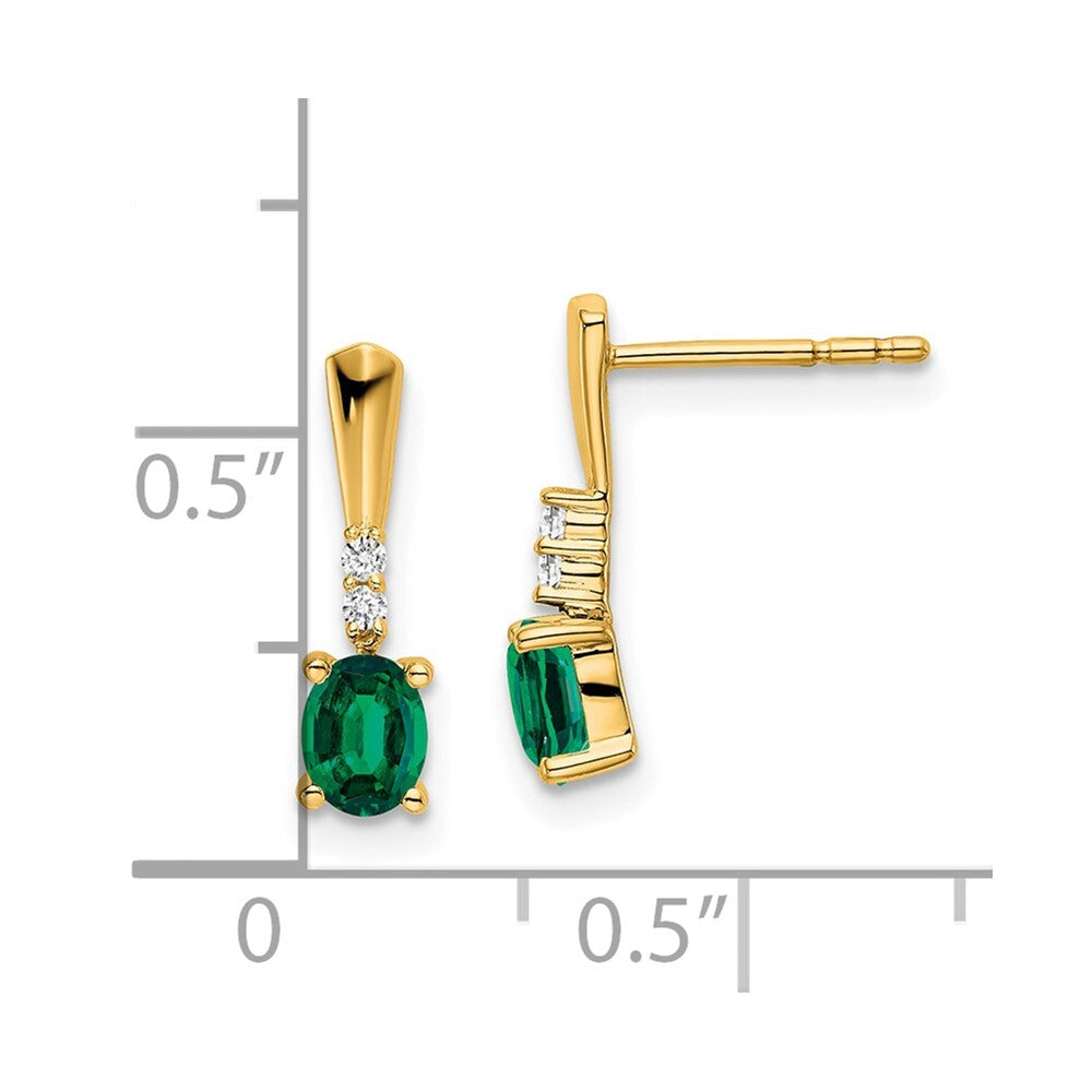 14k Yellow Gold Oval Created Emerald and Diamond Dangle Earrings Gift for Women