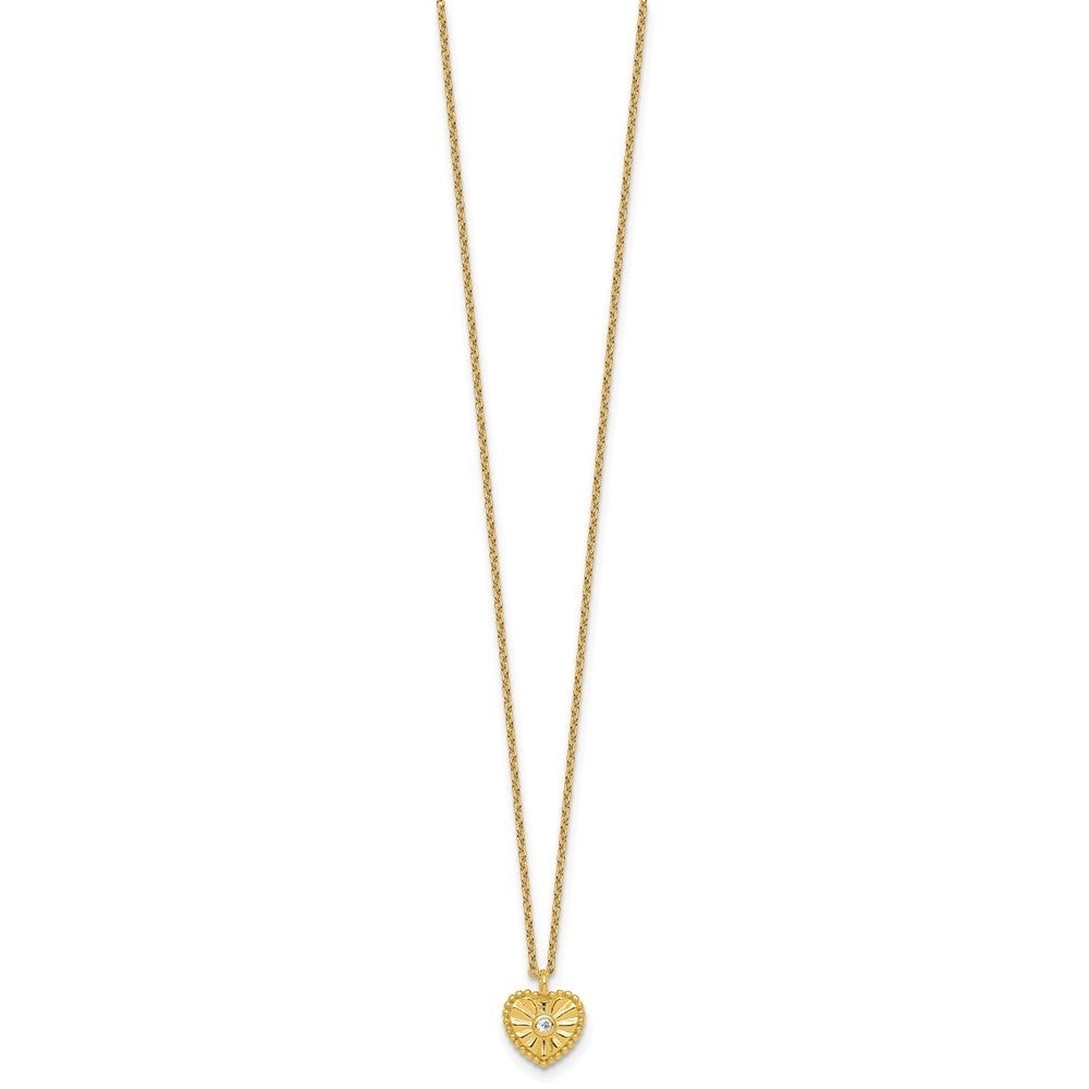 Sterling Silver Gold-tone  Beaded and Textured CZ Heart Necklace 16" with 2" Ext