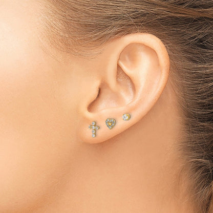 14k Yellow Gold Polished Cubic Zirconia Cross Heart and Earring Set