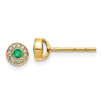 14k Yellow Gold Diamond and Emerald Halo Stud Earrings