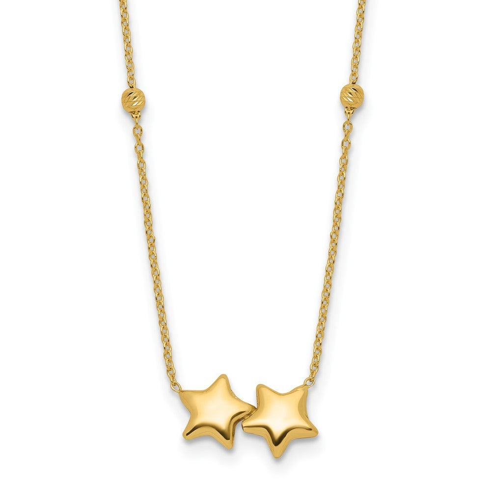 14k Yellow Gold Diamond-Cut Beaded Double Star 16in w/2in ext. Necklace
