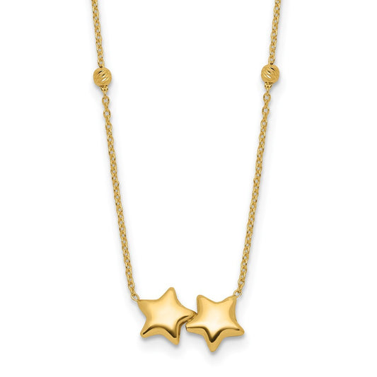 14k Yellow Gold Diamond-Cut Beaded Double Star 16in w/2in ext. Necklace