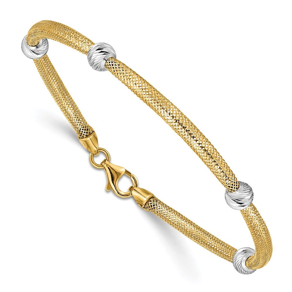 14k Yellow Gold White Rhodium Diamond-cut Moveable Beads Stretch 7.5" Bracelet