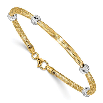 14k Yellow Gold White Rhodium Diamond-cut Moveable Beads Stretch 7.5" Bracelet