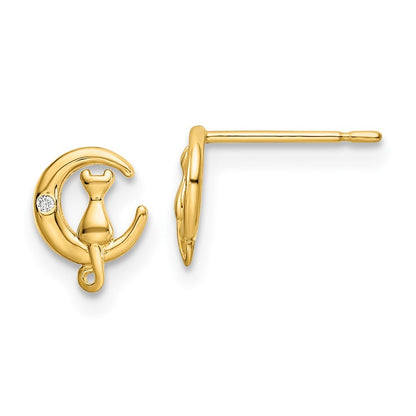 14k Yellow Gold Cubic Zirconia Cat on the Moon Stud Earrings Gift for Women