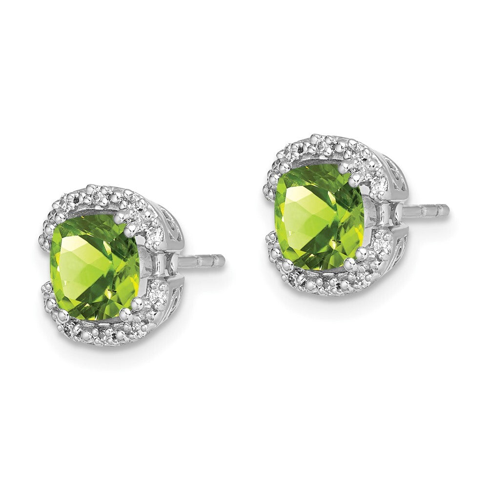 14k White Gold Cushion Peridot and Diamond Halo Stud Earrings