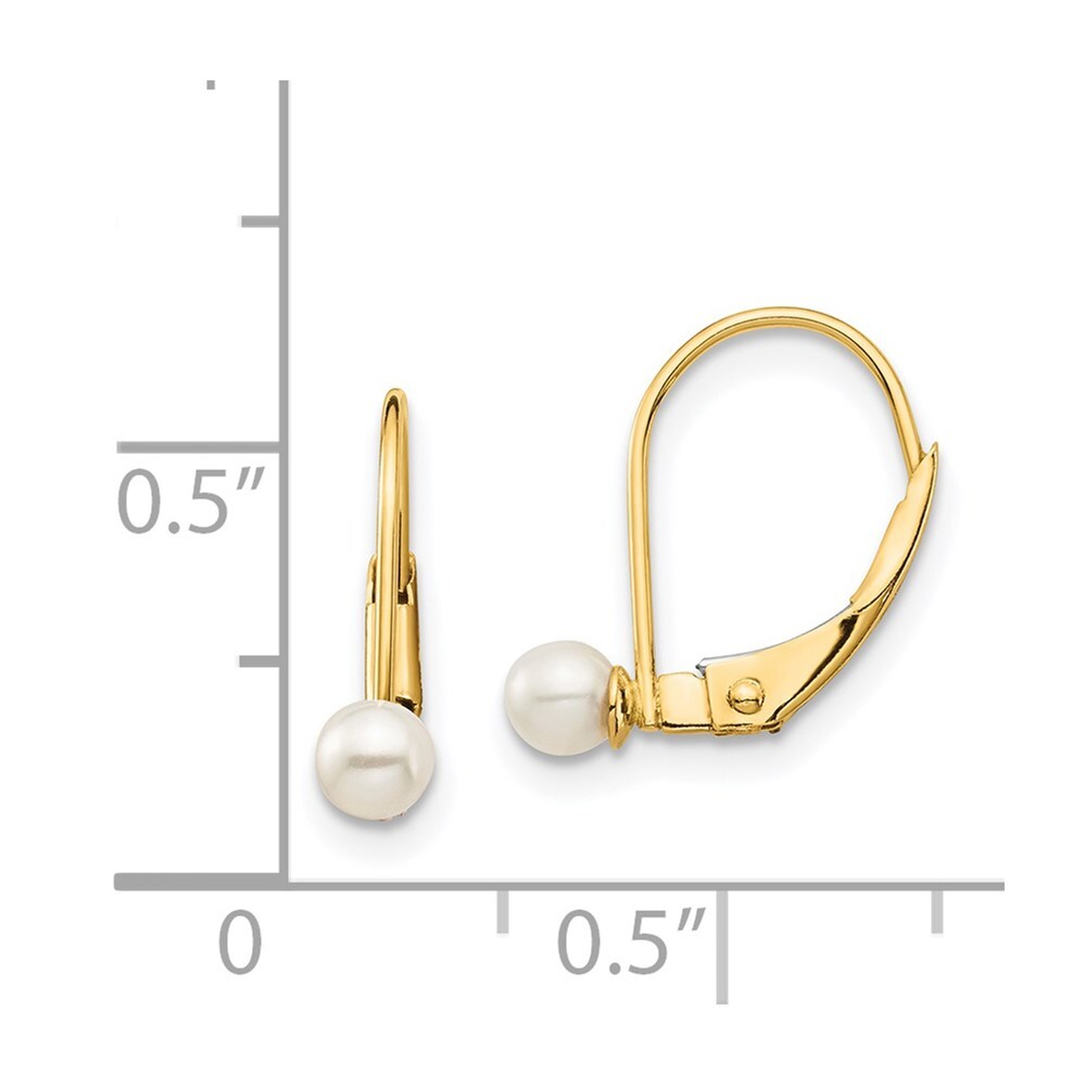 14k Yellow Gold 3-4mm White Round Freshwater Cultured Pearl Leverback Earrings