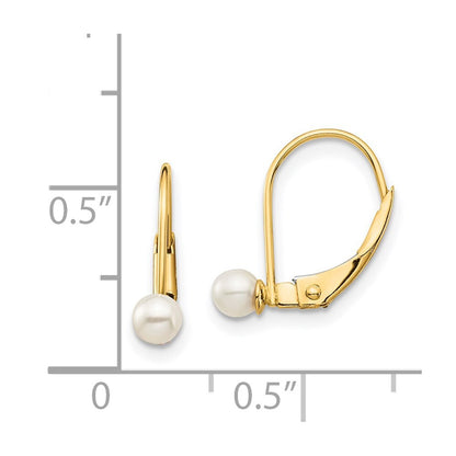 14k Yellow Gold 3-4mm White Round Freshwater Cultured Pearl Leverback Earrings