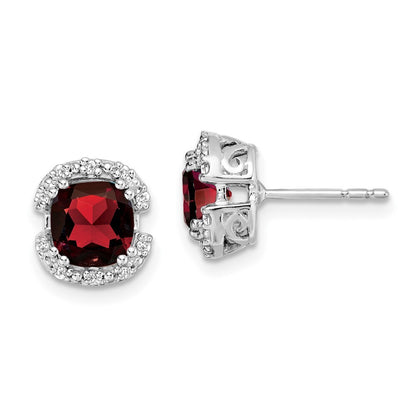 14k White Gold Cushion Garnet and Diamond Halo Stud Earrings
