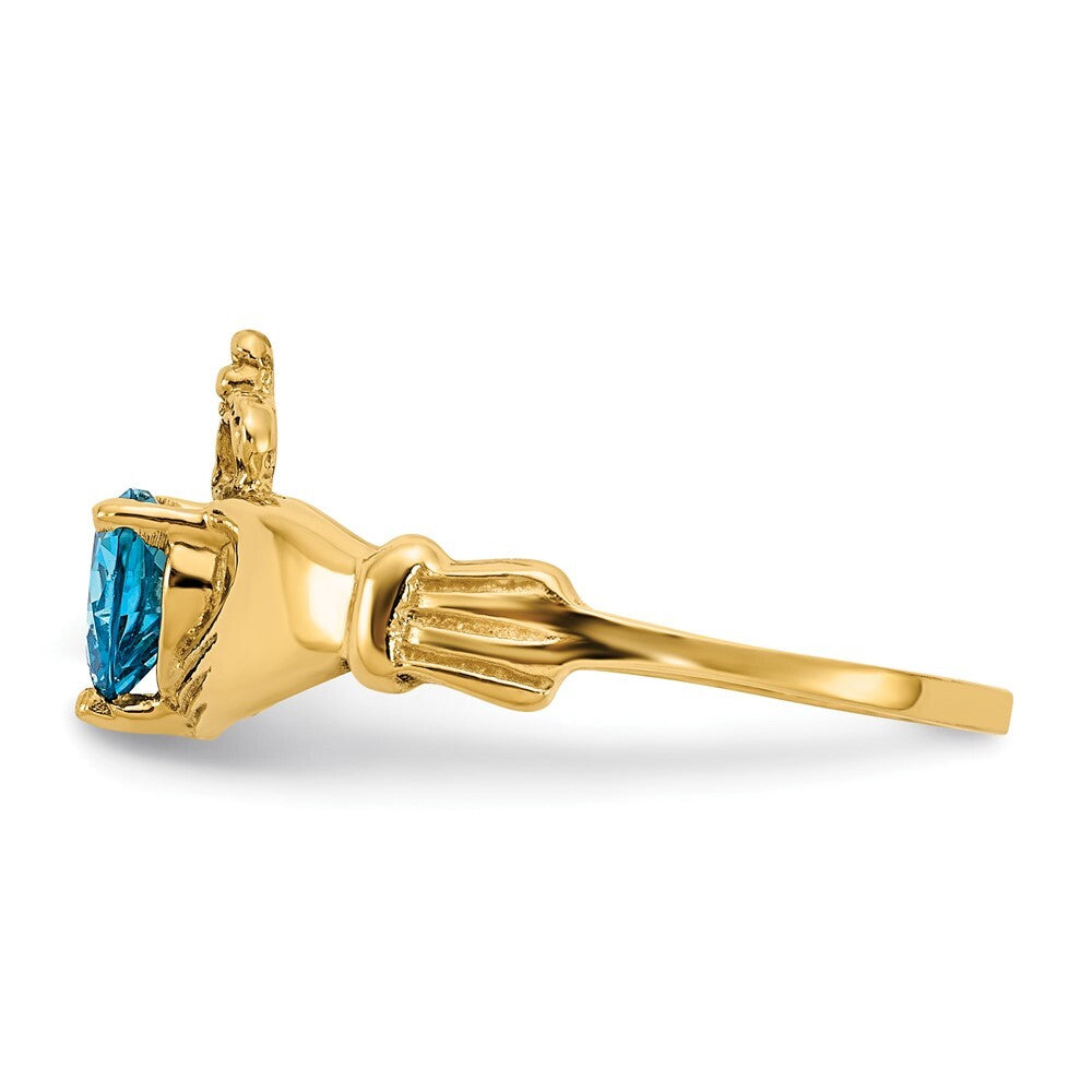 14K Yellow Gold CZ December Birthstone Claddagh Heart Ring