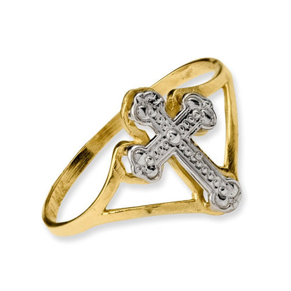 14K Yellow Gold w/Rhodium Cross Ring