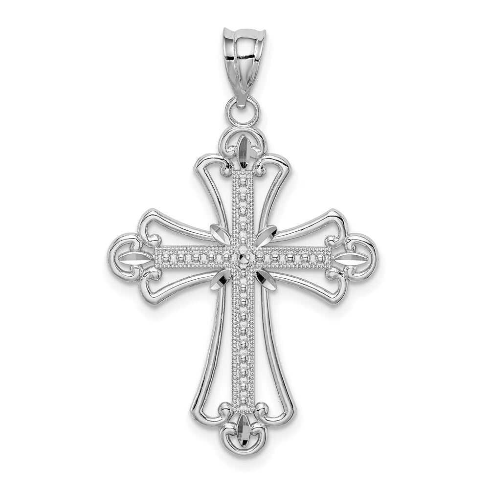 14k White Gold White Polished Diamond-cut Textured Cross Pendant for Women