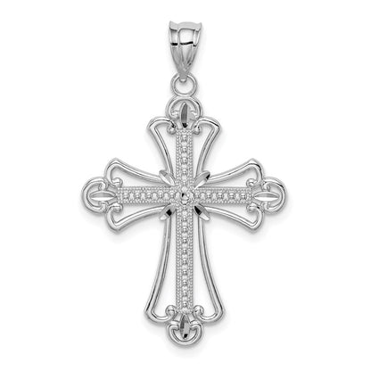 14k White Gold White Polished Diamond-cut Textured Cross Pendant for Women