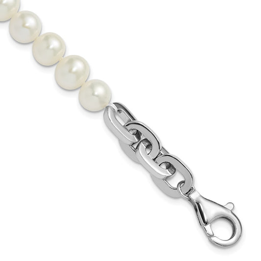 Sterling Silver Rhodium-plated 7-8mm Freshwater Cultured Pearl Link 8" Bracelet