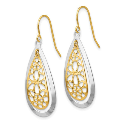 14k Two-tone Diamond Cut Polished Fancy Dangle Earrings