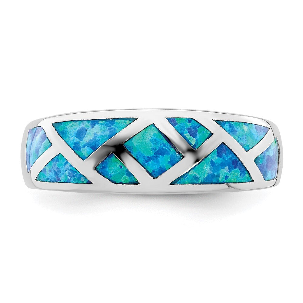 Sterling Silver Rhodium-plated Geometric Lab Created Blue Opal Ring Size 6