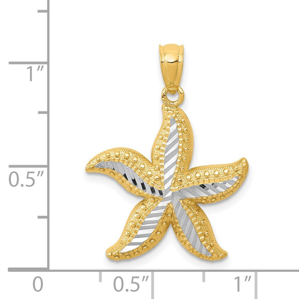 14k Yellow Gold with White Rhodium Diamond-cut Starfish Pendant for Women