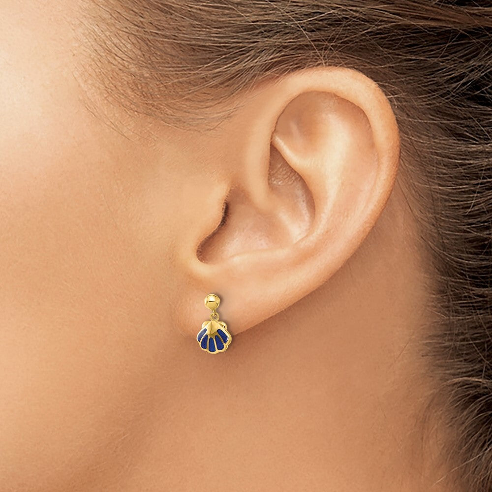 14k Yellow Gold Polished Blue Enameled Shell Dangle Earrings Gift for Women