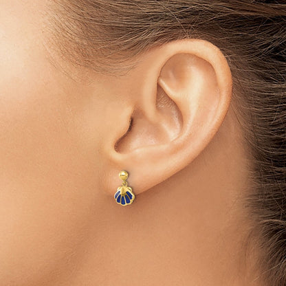 14k Yellow Gold Polished Blue Enameled Shell Dangle Earrings Gift for Women