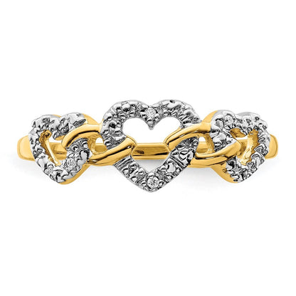 14K Yellow Gold Diamond Triple Heart Ring Size 7