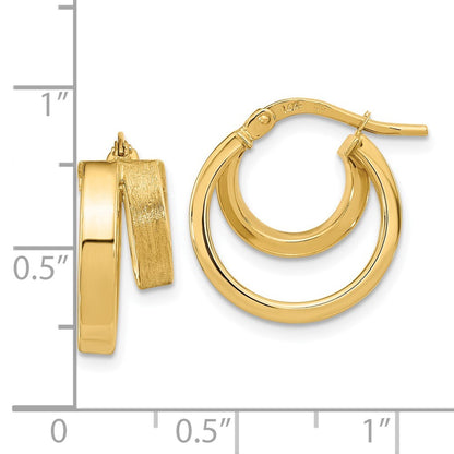 14k Yellow Gold Polished and Brushed Square Tube Double Hoop Earrings