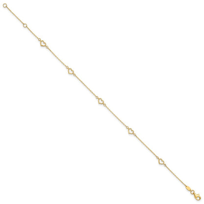 14k Yellow Gold Open Heart and Chain 5-Station 10" Anklet