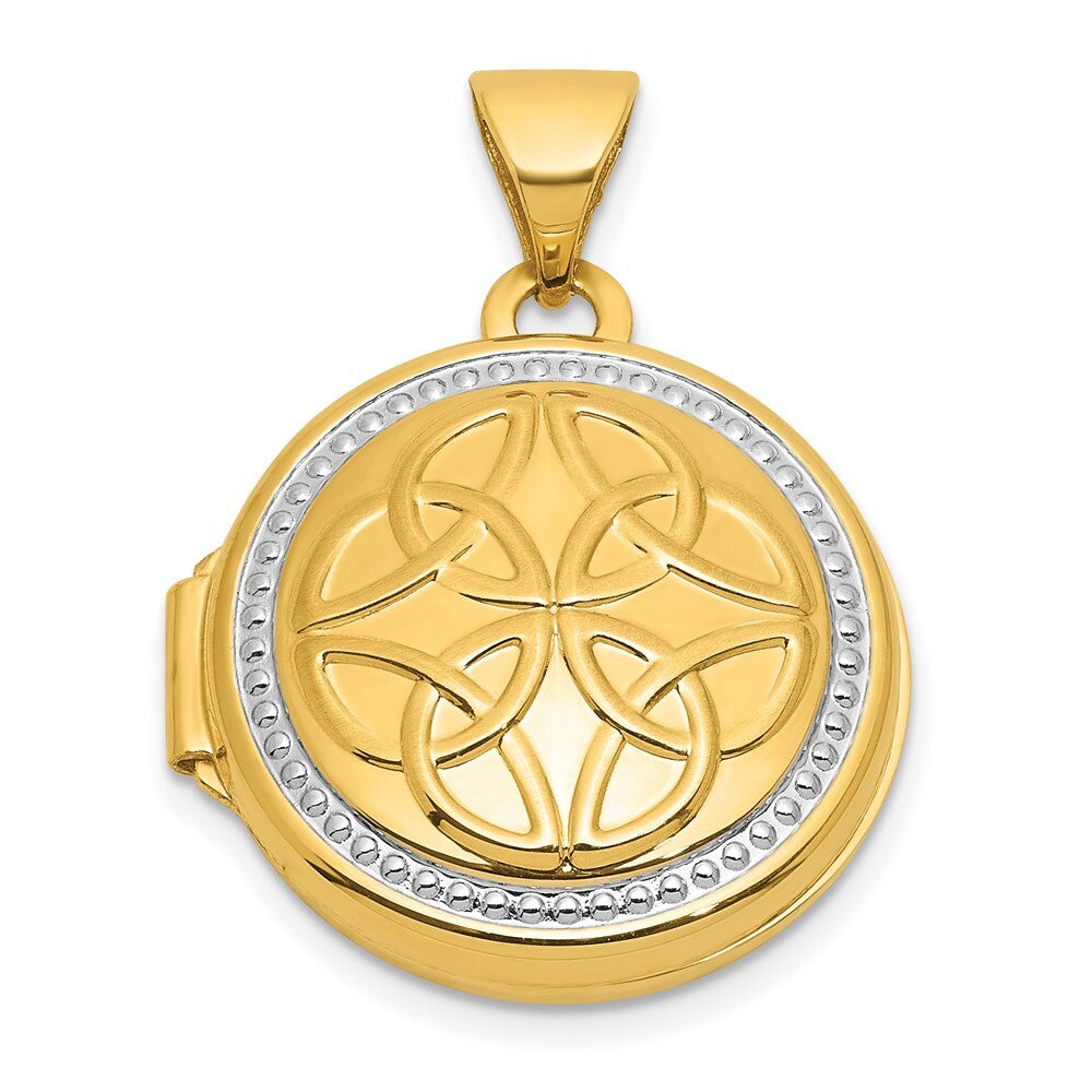 14k Yellow Gold and White Rhodium Polished Celtic 16mm Round Locket Pendant