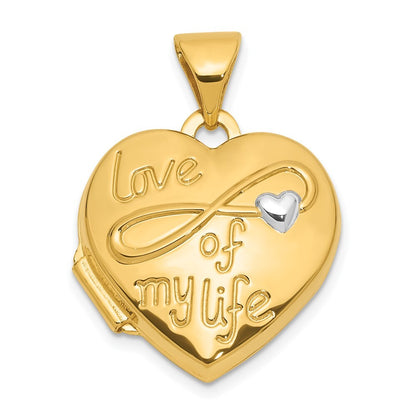 14k Yellow Gold White Rhodium Polished LOVE OF MY LIFE 15mm Heart Locket Pendant