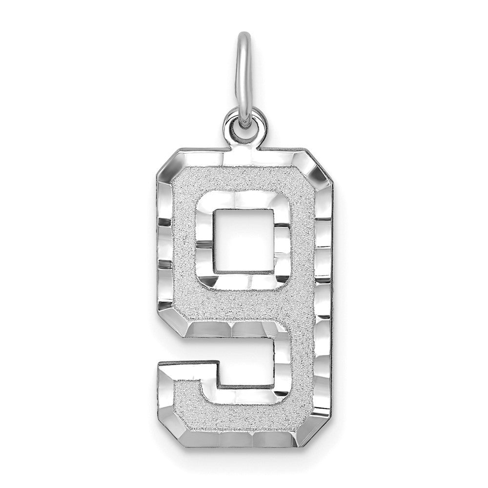 14K White Large Brushed Diamond-cut Number 9 Charm
