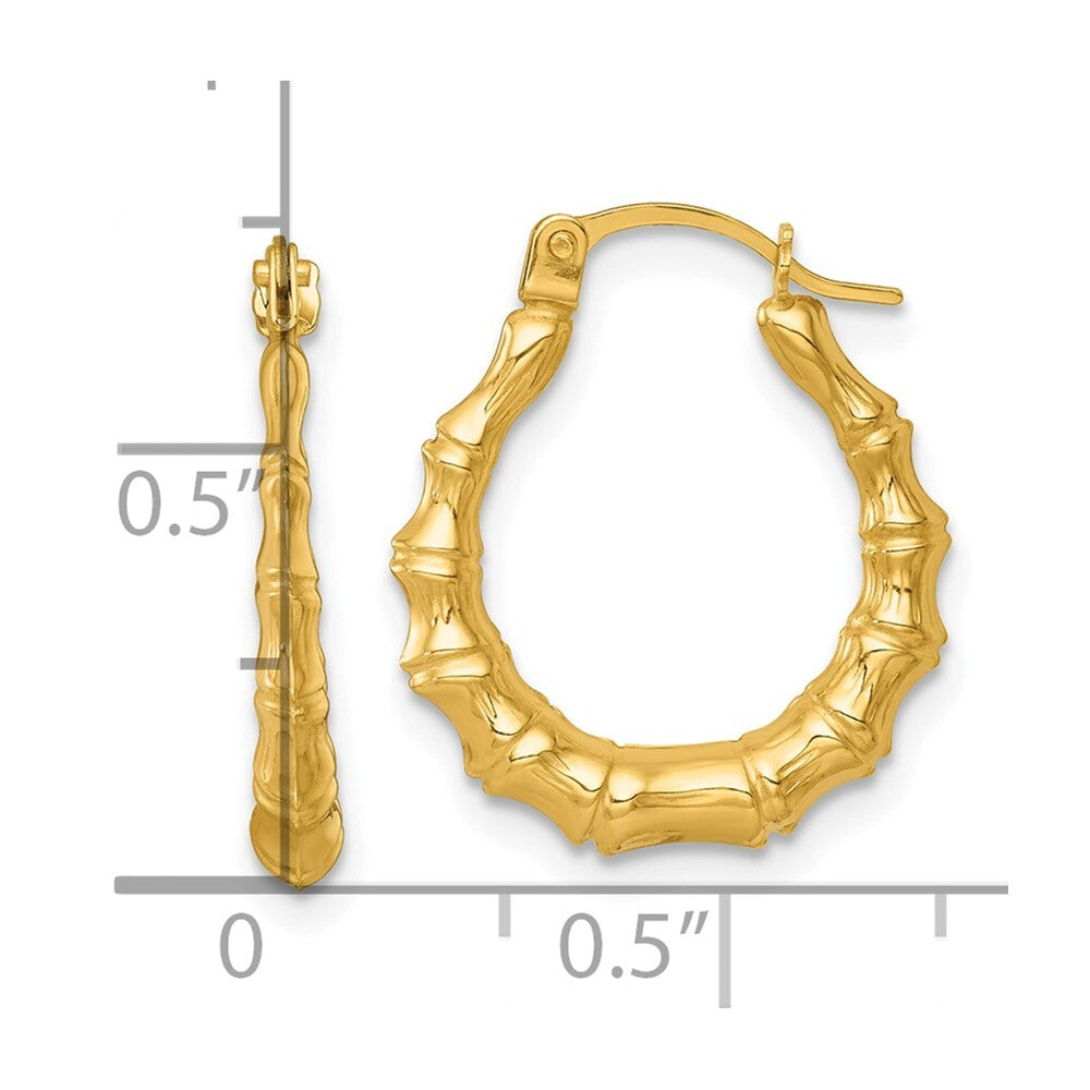 14k Yellow Gold Polished Bamboo Hoop Earrings Gift for Women