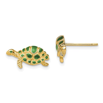 14k Yellow Gold Green Enamel Turtle Earrings