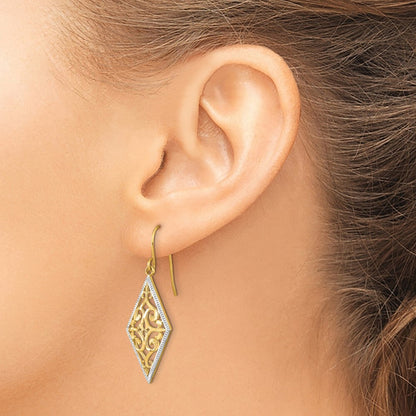 14k Yellow Gold Rhodium Diamond Shape Filigree Dangle Earrings