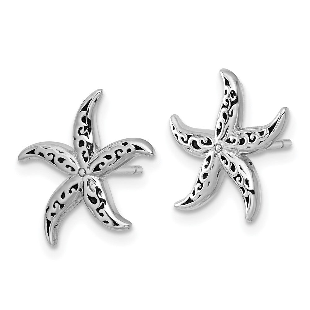 Sterling Silver Rhodium-plated Polished and Oxidized Filigree Starfish Earrings