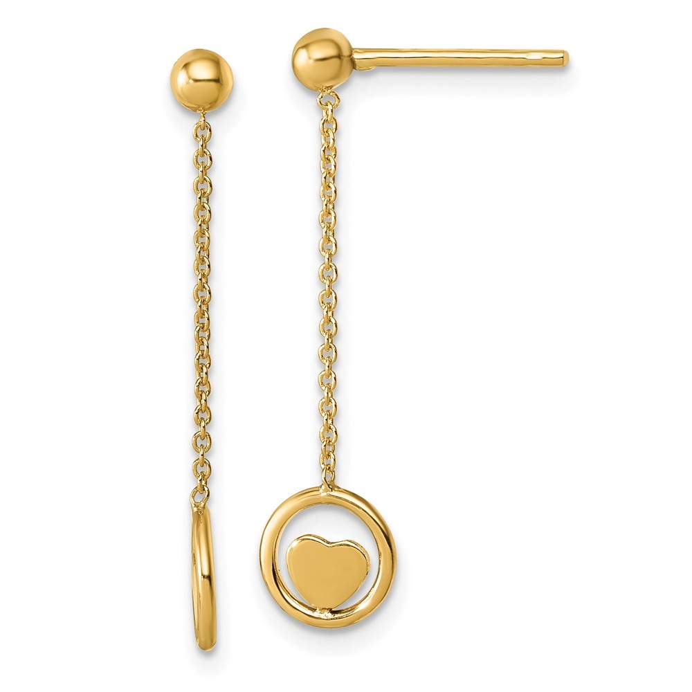 14k Yellow Gold Polished Heart in Circle with Chain Dangle Earrings